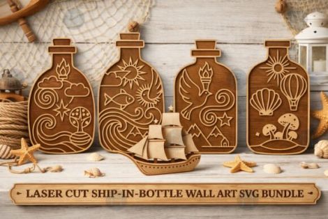 Arte mural de barco en botella para corte láser y CNC