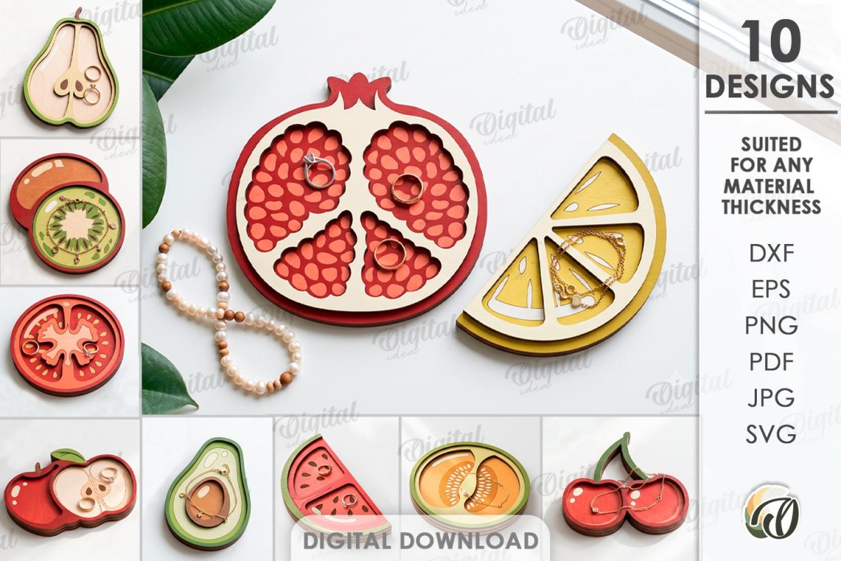Juego de recipientes frutas verduras decorativos para corte láser