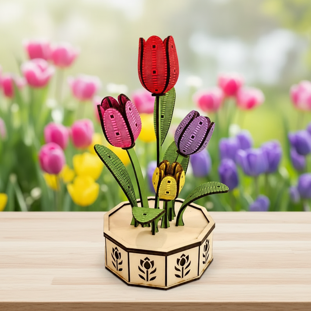 Maceta de tulipanes para corte láser y CNC, ideal para decoración y manualidades