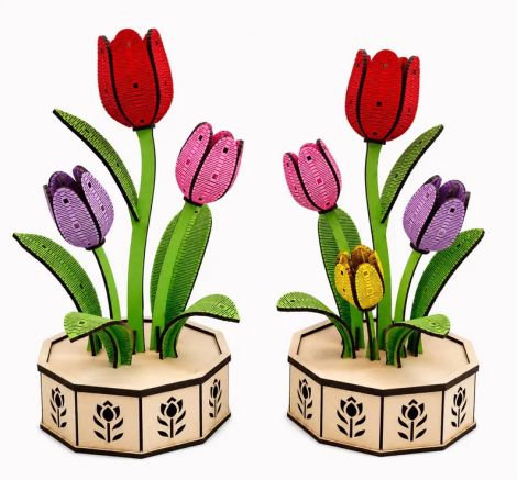 Maceta de tulipanes para corte láser y CNC, ideal para decoración y manualidades