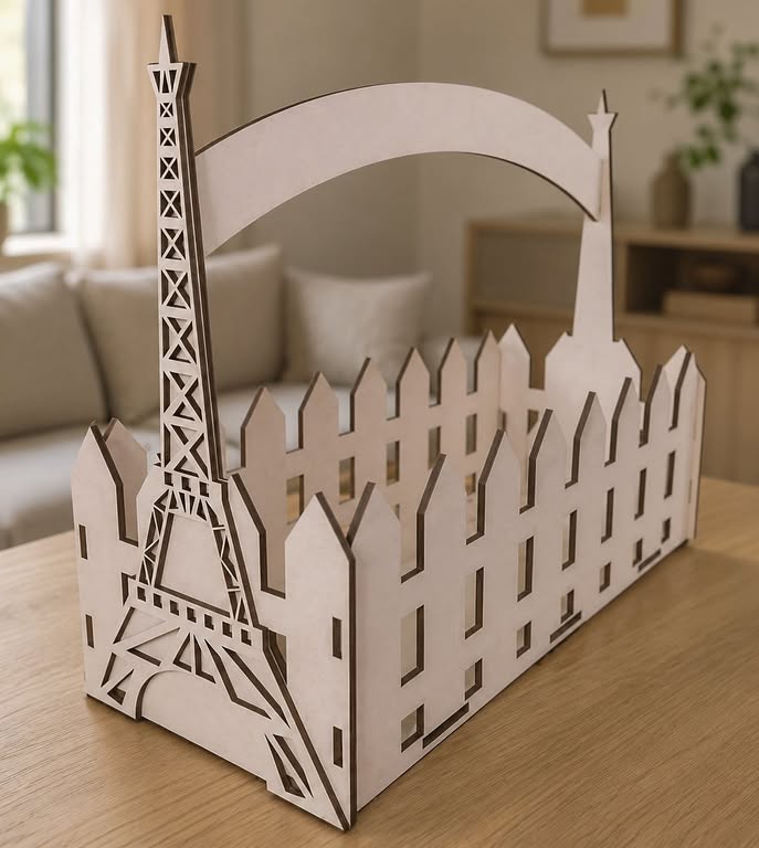 Cesta decorativa con Torre Eiffel y castillo
